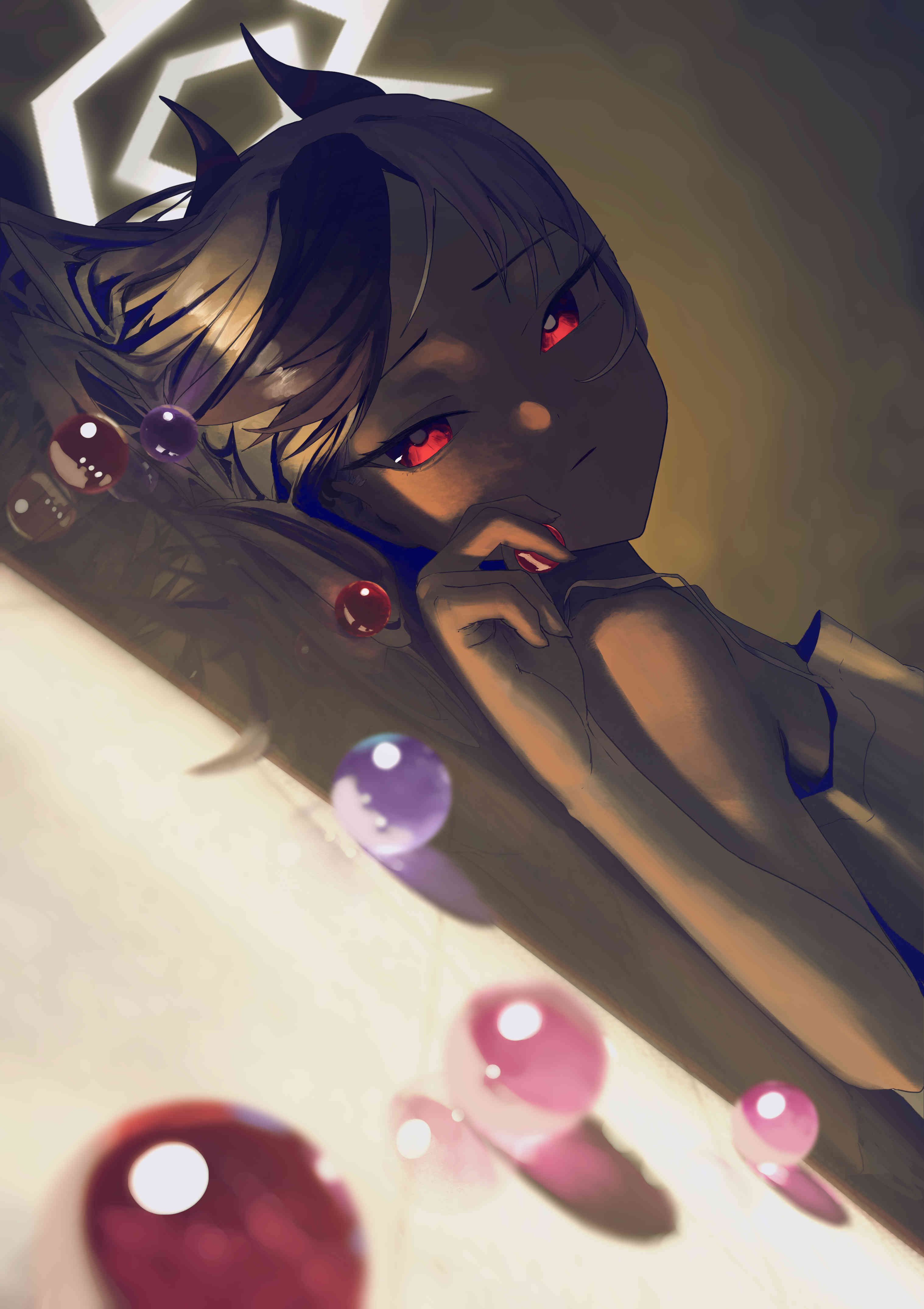 rifu002, kayoko (blue archive), blue archive, absurdres, highres, 1girl, black hair, closed mouth, demon horns, dutch angle, halo, horns, long hair, looking at viewer, lying, multicolored hair, nail polish, official alternate costume, on side, red eyes, red nails, solo, two-tone hair, upper body, white hair