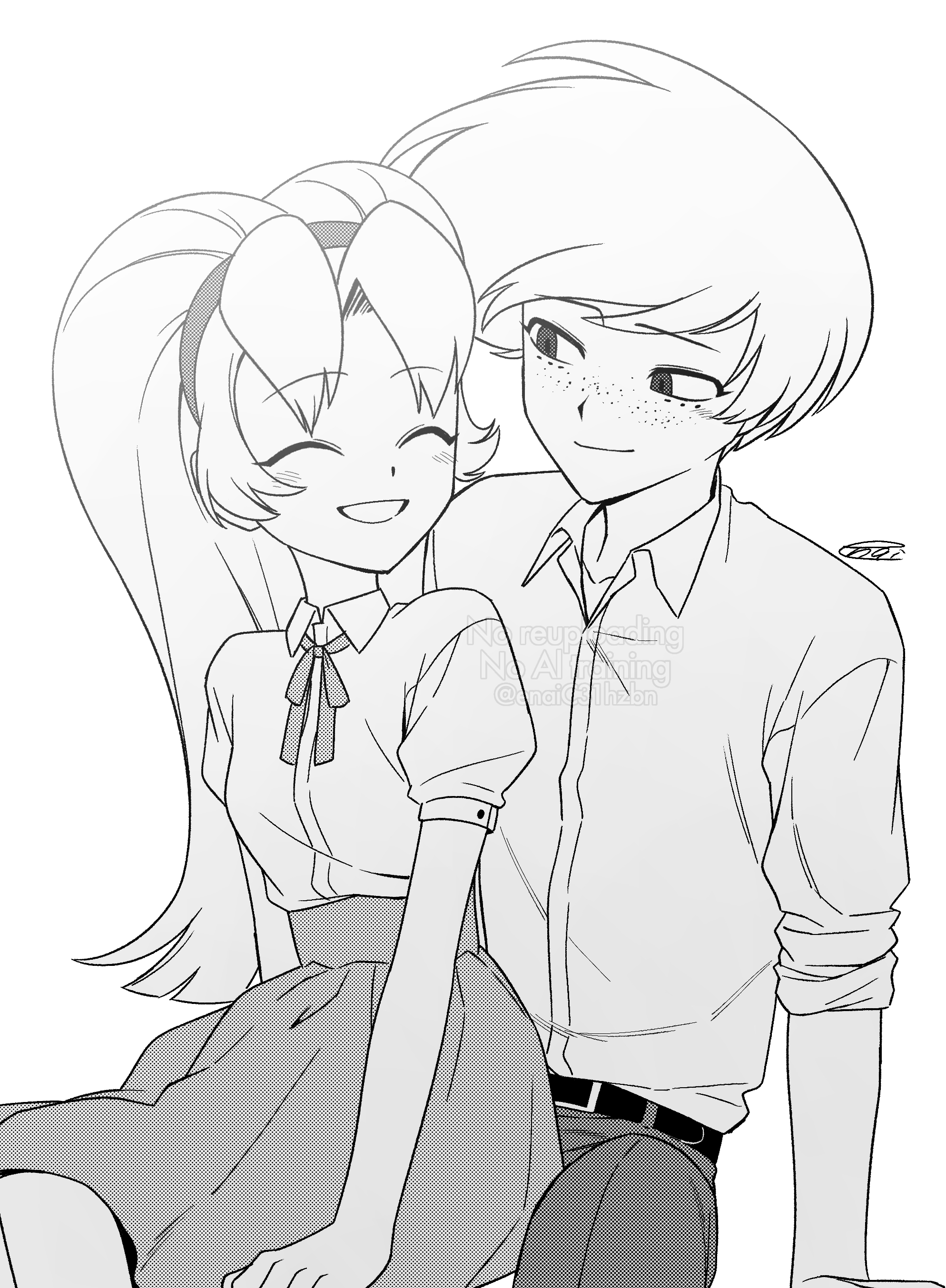 menma (enaic31), angel dust, molly (hazbin hotel), hazbin hotel, hellaverse, absurdres, commentary request, highres, 1boy, 1girl, :d, ^ ^, arm support, behind another, belt, brother and sister, closed eyes, collared shirt, facing another, feet out of frame, freckles, greyscale, grin, hairband, halftone, humanization, long hair, looking at another, medium skirt, monochrome, neck ribbon, open mouth, pants, puffy short sleeves, puffy sleeves, ribbon, shirt, shirt tucked in, short hair, short sleeves, siblings, signature, simple background, sitting, skirt, sleeves rolled up, smile, three-quarter sleeves, twins, very long hair, watermark, white background