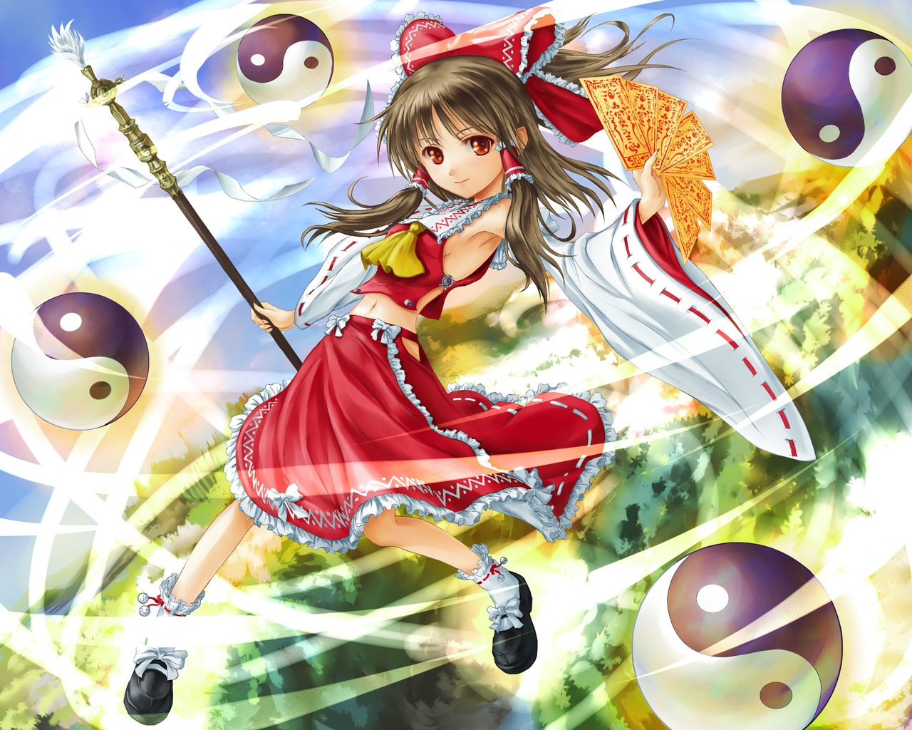 phase, hakurei reimu, touhou, bad id, bad pixiv id, 1girl, armpits, brown hair, female focus, full body, nature, navel, ofuda, outdoors, plant, red eyes, skirt, sky, solo, yin yang