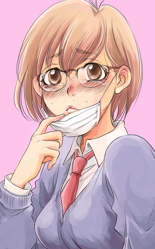 sabusuka, original, 1girl, dust mask, female focus, glasses, mask, mouth mask, necktie, pink background, school uniform, short hair, sick, simple background, solo, surgical mask, tears