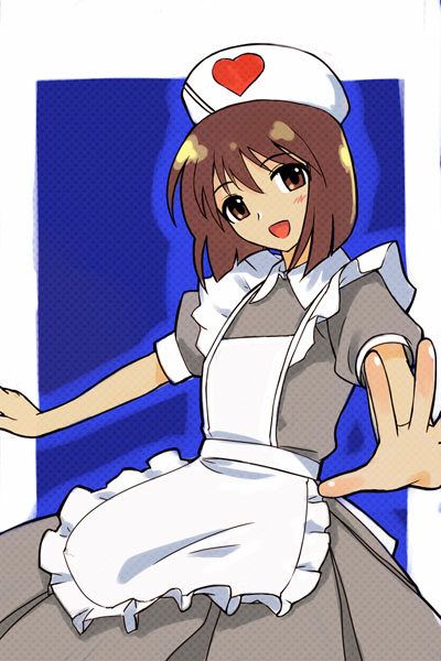 michael f91, hagiwara yukiho, idolmaster, idolmaster (classic), idolmaster 1, 00s, 1girl, apron, black dress, brown eyes, brown hair, cowboy shot, dress, female focus, foreshortening, grey dress, hat, head tilt, looking at viewer, nurse, nurse cap, puffy short sleeves, puffy sleeves, short hair, short sleeves, solo, spread fingers, tareme, white apron