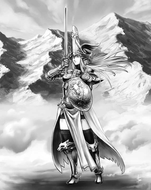 original, 1girl, armor, armored dress, day, dress, fantasy, female focus, full body, grey theme, greyscale, holding, holding sword, holding weapon, monochrome, outdoors, solo, standing, sword, thighhighs, valkyrie, weapon
