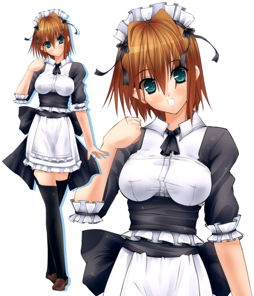 coach (artist), original, bad id, bad pixiv id, 1girl, brown hair, green eyes, multiple views, thighhighs, waitress