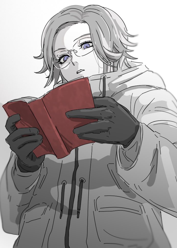 aotsuki eito, the hundred line -last defense academy-, commentary request, 1boy, black gloves, book, from below, glasses, gloves, grey hair, holding, holding book, jacket, looking at object, male focus, nri (nrrr anri), pocket, purple eyes, reading, short hair, simple background, solo, upper body, white background, white jacket