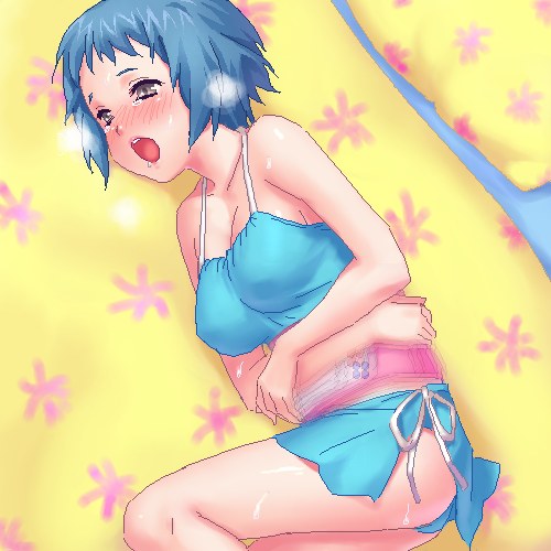 zen, yamagishi fuuka, atlus, persona, persona 3, lowres, 1girl, blue eyes, blue hair, blush, female focus, massager, matching hair/eyes, panties, solo, underwear