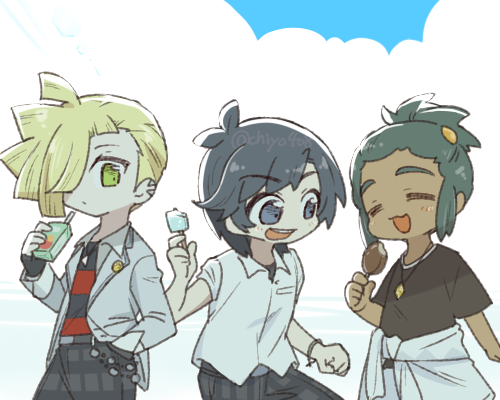 chiyo408, elio (pokemon), gladion (academy) (pokemon), gladion (pokemon), hau (pokemon), nintendo, pokemon, pokemon sm, commentary request, lowres, 3boys, = =, belt, black belt, black eyes, black hair, black shirt, blonde hair, bracelet, closed eyes, clothes around waist, cloud, collared shirt, dark-skinned male, dark skin, day, food, green eyes, green hair, hair over one eye, hand on own hip, holding, holding food, holding juice box, holding popsicle, jacket, jacket around waist, jewelry, lapels, long sleeves, male focus, multiple boys, necklace, notched lapels, open clothes, open jacket, open mouth, outdoors, pants, plaid clothes, plaid pants, popsicle, red shirt, shirt, short hair, short sleeves, smile, striped clothes, striped shirt, t-shirt, two-tone shirt, white jacket, white shirt