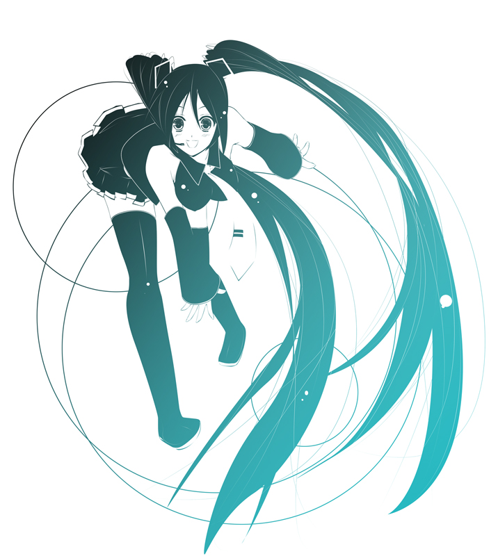 coach (artist), hatsune miku, vocaloid, bad id, bad pixiv id, 1girl, aqua theme, blue theme, detached sleeves, female focus, headset, long hair, monochrome, necktie, solo, thighhighs, twintails, very long hair
