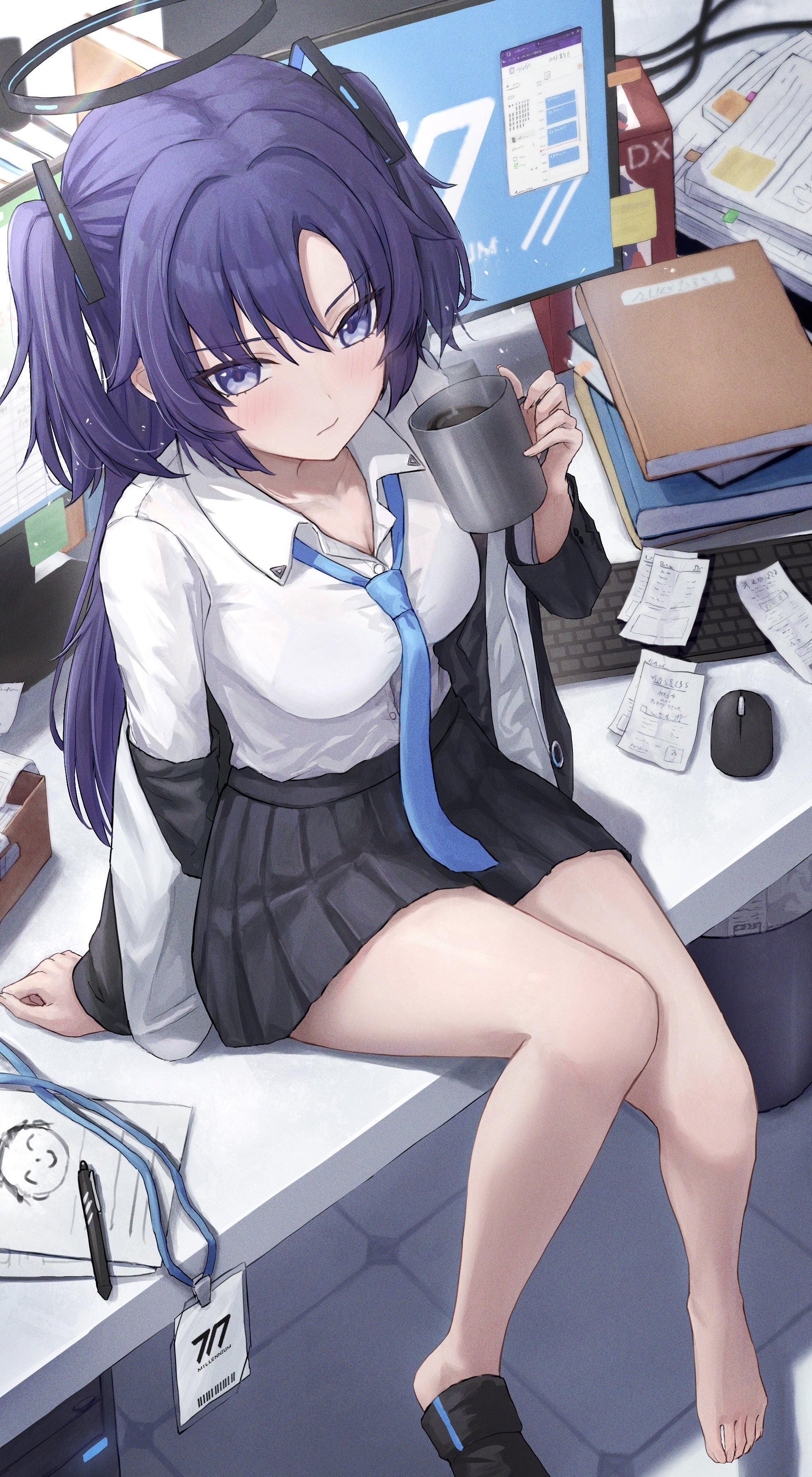 huran tea, doodle sensei (blue archive), sensei (blue archive), yuuka (blue archive), blue archive, absurdres, commentary request, highres, 1girl, barefoot, black skirt, blue necktie, blush, breasts, collared shirt, cup, desk, halo, holding, holding cup, jacket, large breasts, long hair, long sleeves, looking at viewer, mechanical halo, miniskirt, necktie, on desk, pleated skirt, purple eyes, purple hair, shirt, sitting, skirt, solo, toes, two side up, white shirt