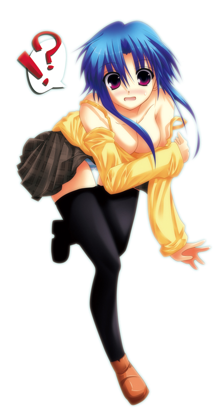 coach (artist), original, bad id, bad pixiv id, 1girl, blue hair, breasts, cameltoe, cleavage, female focus, large breasts, panties, purple eyes, solo, strap, striped clothes, striped panties, thighhighs, underwear, wardrobe malfunction