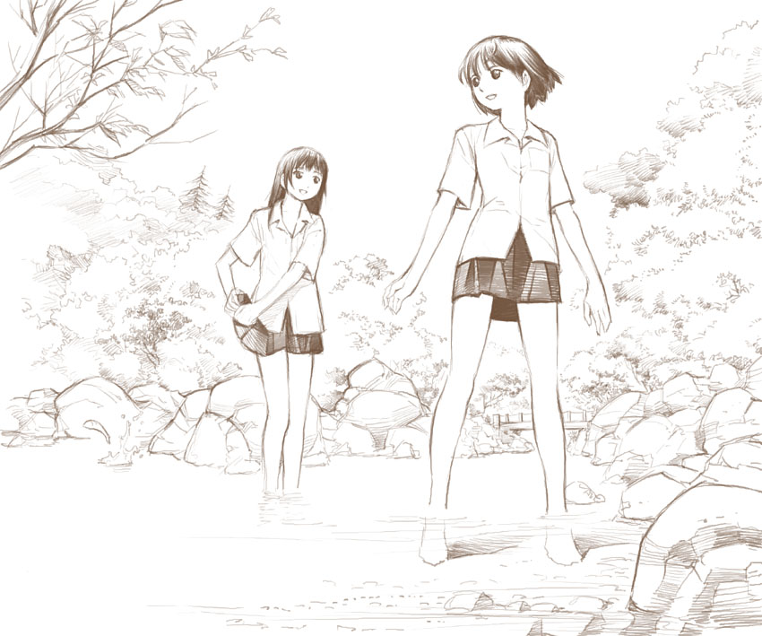 yoshitomi akihito, original, traditional media, 2girls, barefoot, bridge, brown theme, monochrome, multiple girls, nature, pleated skirt, rock, school uniform, serafuku, skirt, stream, wading