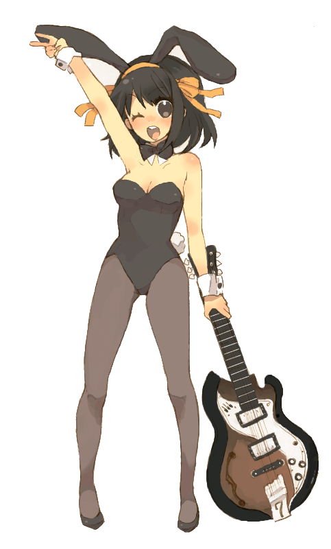 wamochi, suzumiya haruhi, suzumiya haruhi no yuuutsu, bad id, bad pixiv id, 00s, animal ears, fake animal ears, guitar, instrument, pantyhose, playboy bunny, rabbit ears