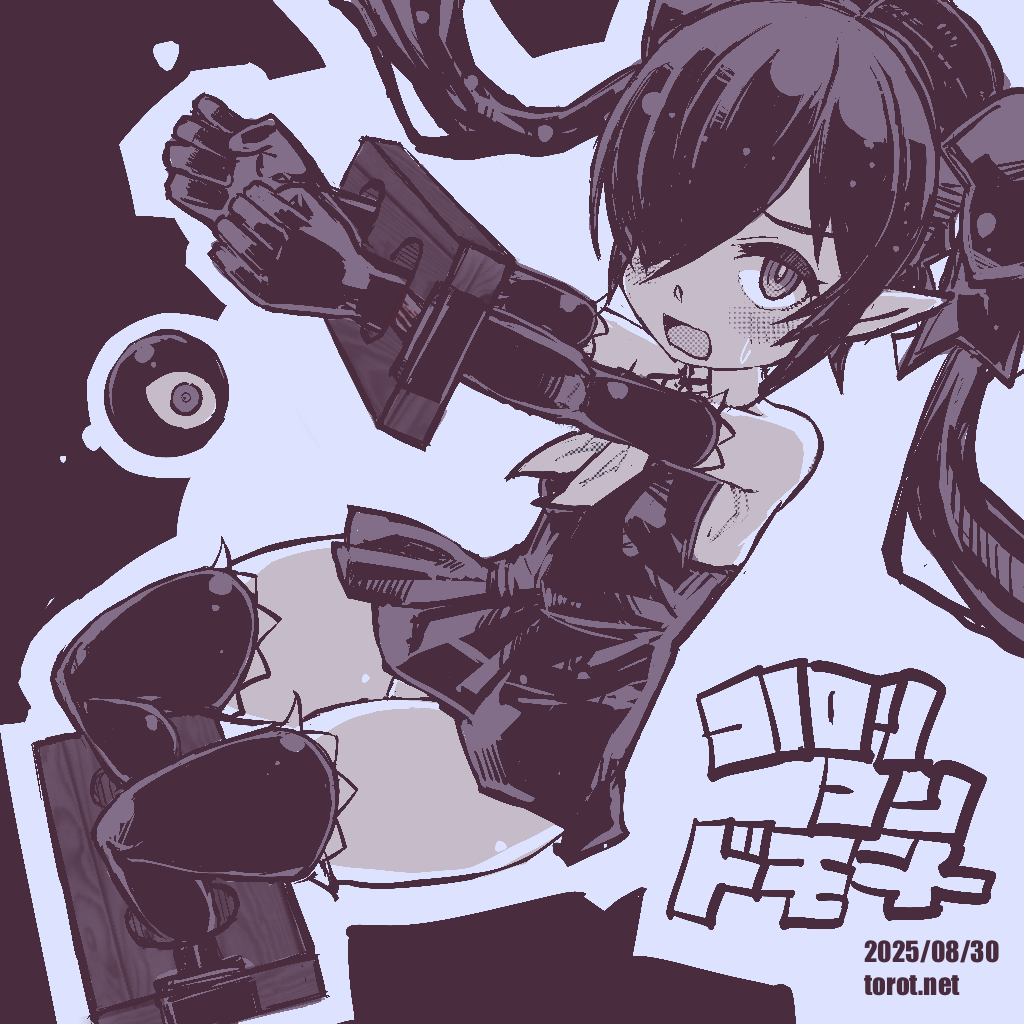 torotei, backbeako (torotei), backbeard, gegege no kitarou, original, commentary request, paid reward available, translated, 1girl, armpit crease, bare shoulders, black background, blue theme, blush, bound, bound ankles, bound wrists, breasts, clenched hands, dated, dated commentary, dress, elbow gloves, gloves, hair over one eye, hair ribbon, kono lolicon domome, long hair, looking at viewer, monochrome, neckerchief, open mouth, panties, pantyshot, pear-shaped figure, pointy ears, ribbon, ringed eyes, simple background, sleeveless, sleeveless dress, small breasts, solo, stocks, sweatdrop, thighhighs, twintails, underwear, watermark, web address, white background, wide hips