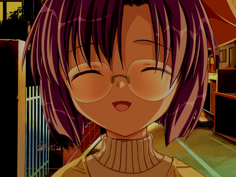 kirishima kaho, l-laboratory, trouble trap lab, closed eyes, game, glasses, open mouth, turtleneck