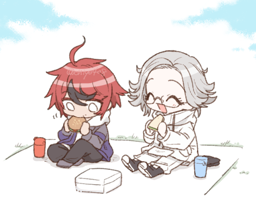chiyo408, aotsuki eito, sumino takumi, the hundred line -last defense academy-, commentary request, lowres, 2boys, ^ ^, ahoge, black hair, black pants, black shoes, blue jacket, burger, chibi, chibi only, closed eyes, day, drawstring, eating, eyelashes, food, forehead, glasses, grey hair, grey jacket, grey shoes, high collar, holding, holding food, hood, hood down, hoodie, jacket, jacket over hoodie, long sleeves, male focus, multicolored hair, multicolored jacket, multiple boys, no gloves, on ground, open clothes, open jacket, open mouth, outdoors, pants, picnic, picnic blanket, pocket, red hair, sandwich, shoes, short hair, sitting, smile, streaked hair, thermos, twitter username, two-tone hair, two-tone jacket, white hoodie, white jacket, white pants