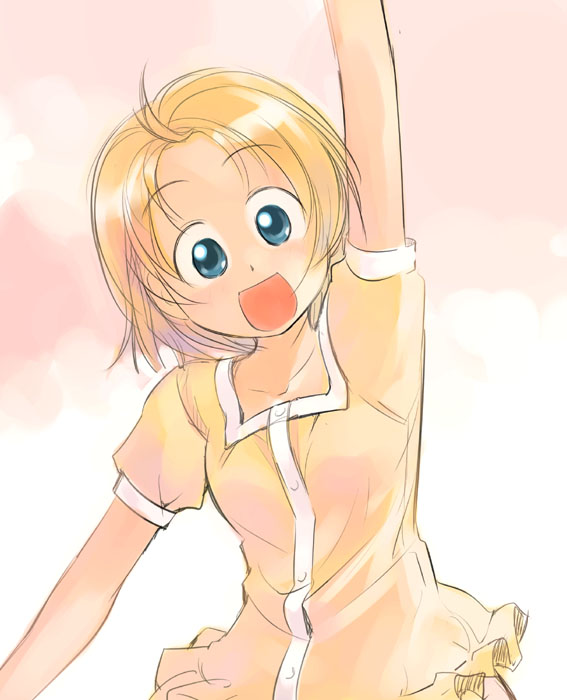 ikeda jun (mizutamari), tagme, blonde hair, dress, solo, waving, yellow dress