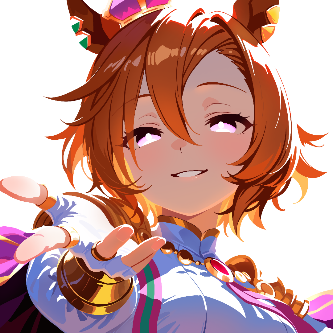 t.m. opera o (umamusume), umamusume, 1girl, animal ears, bracelet, breasts, cape, crown, earrings, from below, gold bracelet, gold ring, hair between eyes, horse ears, horse girl, jewelry, looking at viewer, medium breasts, mini crown, multiple rings, offering hand, open mouth, orange hair, pink crown, pink eyes, purple cape, ring, short hair, simple background, smile, solo, transparent background, waonaolmao