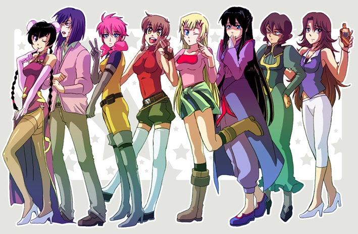 christina sierra, feldt grace, louise halevy, marina ismail, shirin bakhtiar, sumeragi lee noriega, tieria erde, wang liu mei, gundam, gundam 00, 00s, 1boy, 6+girls, breasts, bun cover, everyone, full body, high heels, multiple girls, shoes, thighhighs