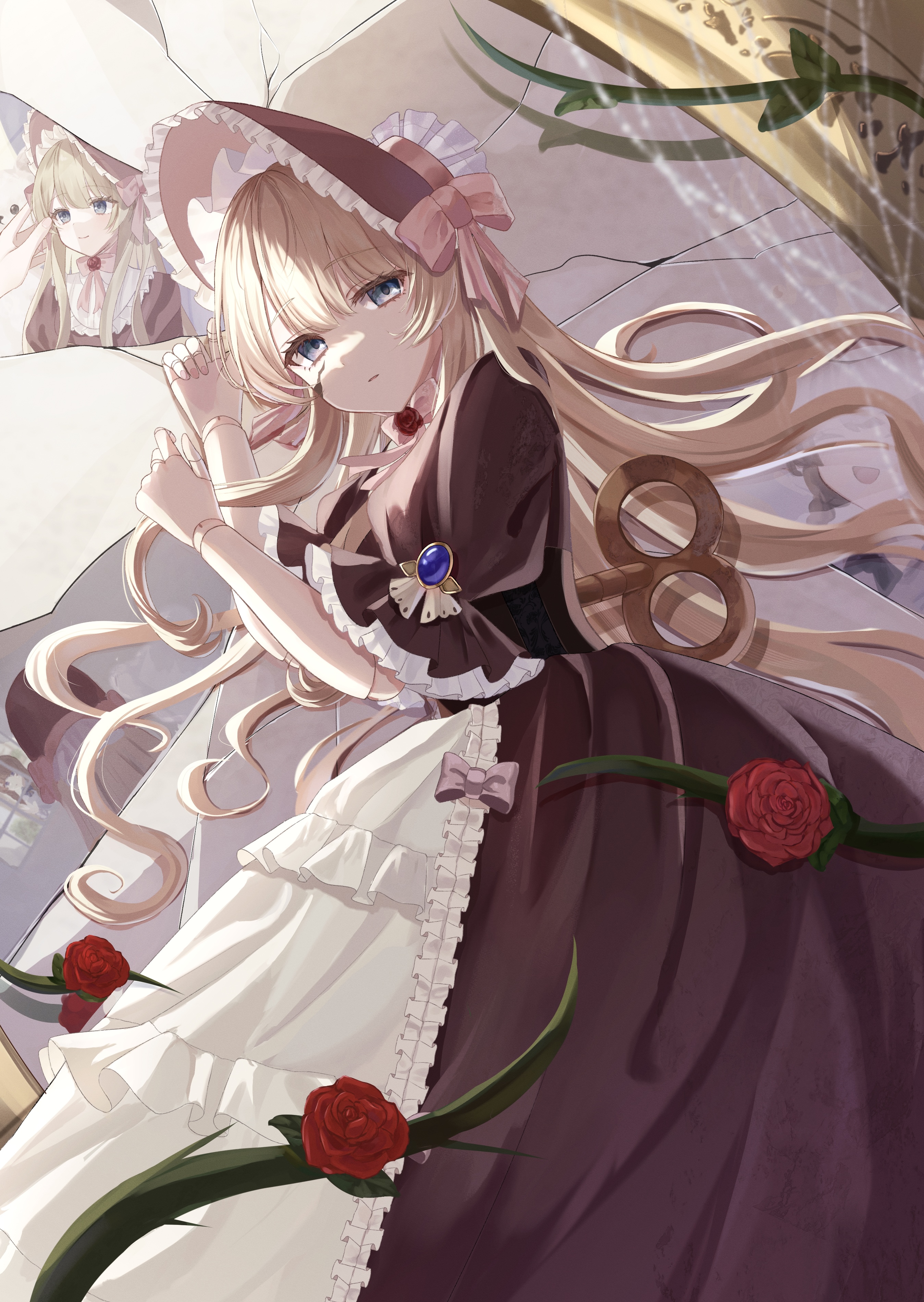 pomufuwari, original, absurdres, commentary request, highres, 1girl, blonde hair, bonnet, brown bonnet, brown dress, brown eyes, dress, flower, frilled sleeves, frills, hands up, long hair, looking at viewer, lying, on side, parted lips, pillow, red flower, red rose, rose, short sleeves, solo