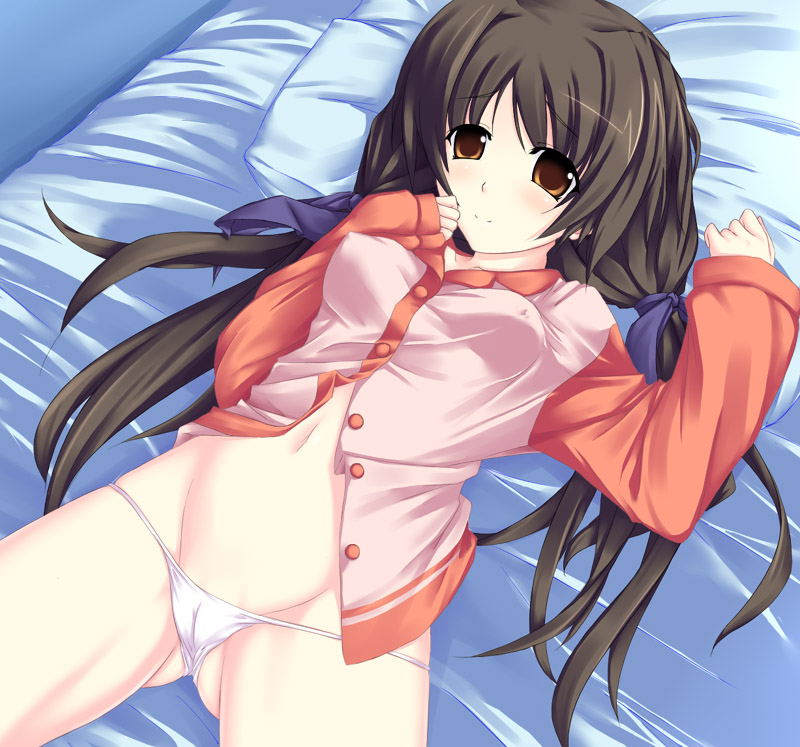 buresu, shirakawa hotaru, memories off, memories off 2nd, black hair, bottomless, brown eyes, cameltoe, lying, on back, panties, solo, underwear