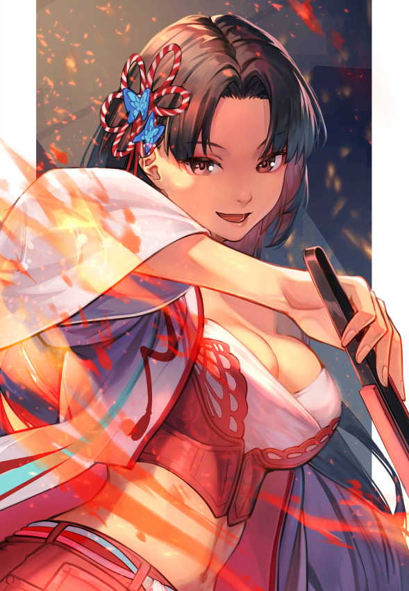 hinoru saikusa, shiranui mai, fatal fury, street fighter, street fighter 6, 1girl, black hair, breasts, brown hair, cleavage, crop top, fire, hand fan, jacket, large breasts, looking at viewer, midriff, official alternate costume, red shirt, shirt, smile, solo, white jacket