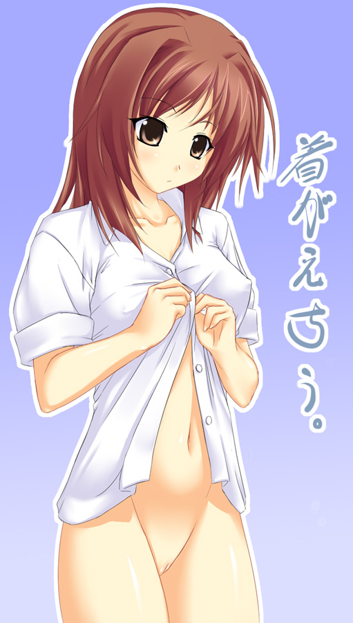 buresu, kashima neo, memories off, omoide ni kawaru kimi memories off, 1girl, bottomless, breasts, brown eyes, dressing, female focus, gradient background, navel, pussy, red hair, solo, uncensored, undressing