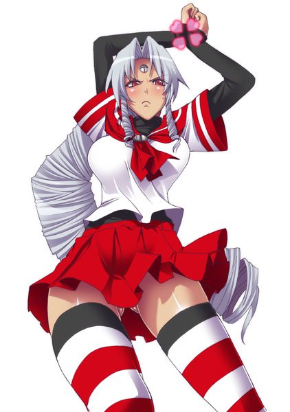ifuji shinsen, vista-tan, vistake, os-tan, bad id, bad pixiv id, blush, drill hair, long hair, no panties, school uniform, serafuku, solo, striped clothes, striped thighhighs, thighhighs