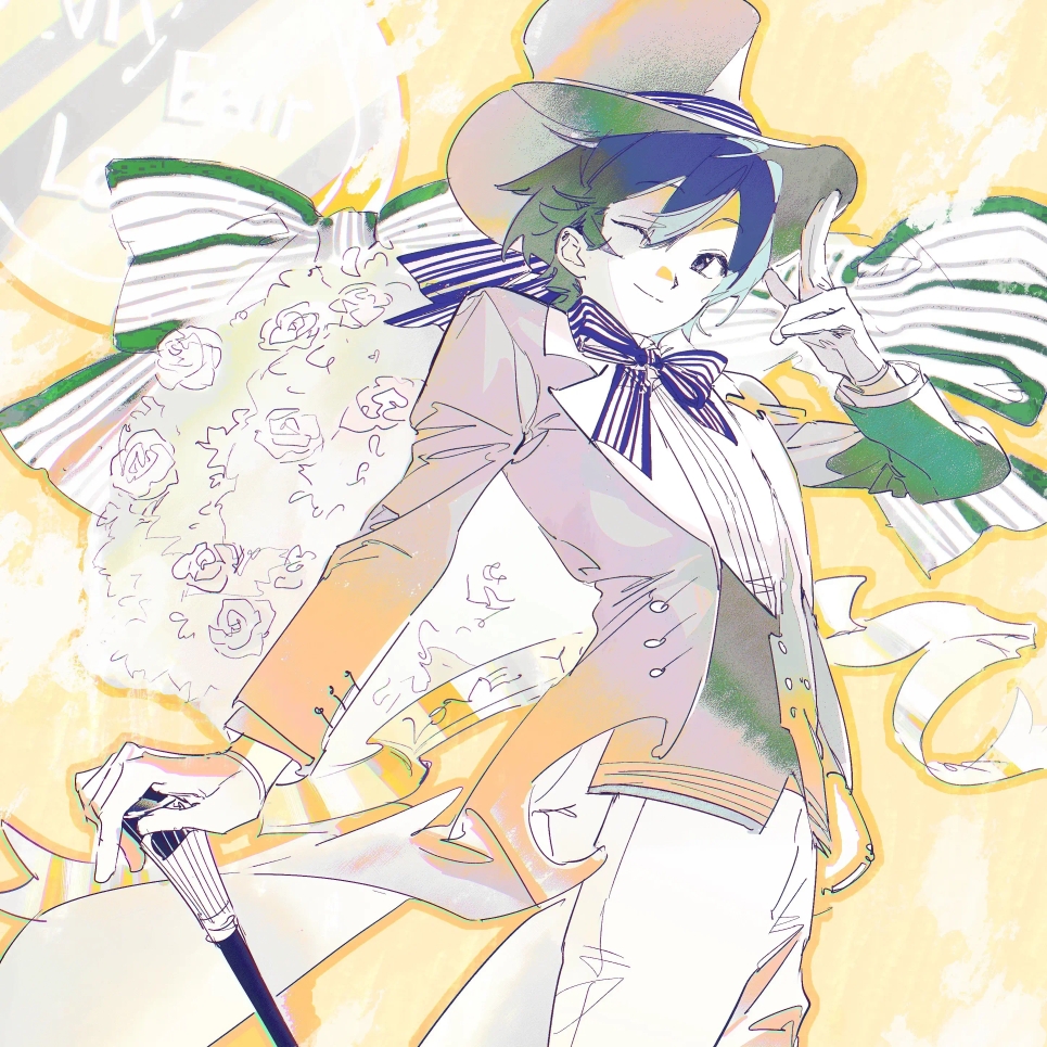 kaito (vocaloid), vocaloid, 1boy, beret cj, blue bow, blue bowtie, blue eyes, blue hair, bow, bowtie, cane, closed mouth, flower, formal clothes, gloves, grey vest, hair between eyes, hat, holding, holding cane, male focus, one eye closed, rose, shirt, short hair, smile, solo, striped bow, striped bowtie, striped clothes, suit, top hat, two-tone bow, two-tone bowtie, vest, white bow, white bowtie, white flower, white gloves, white hat, white rose, white shirt, white suit, yellow background