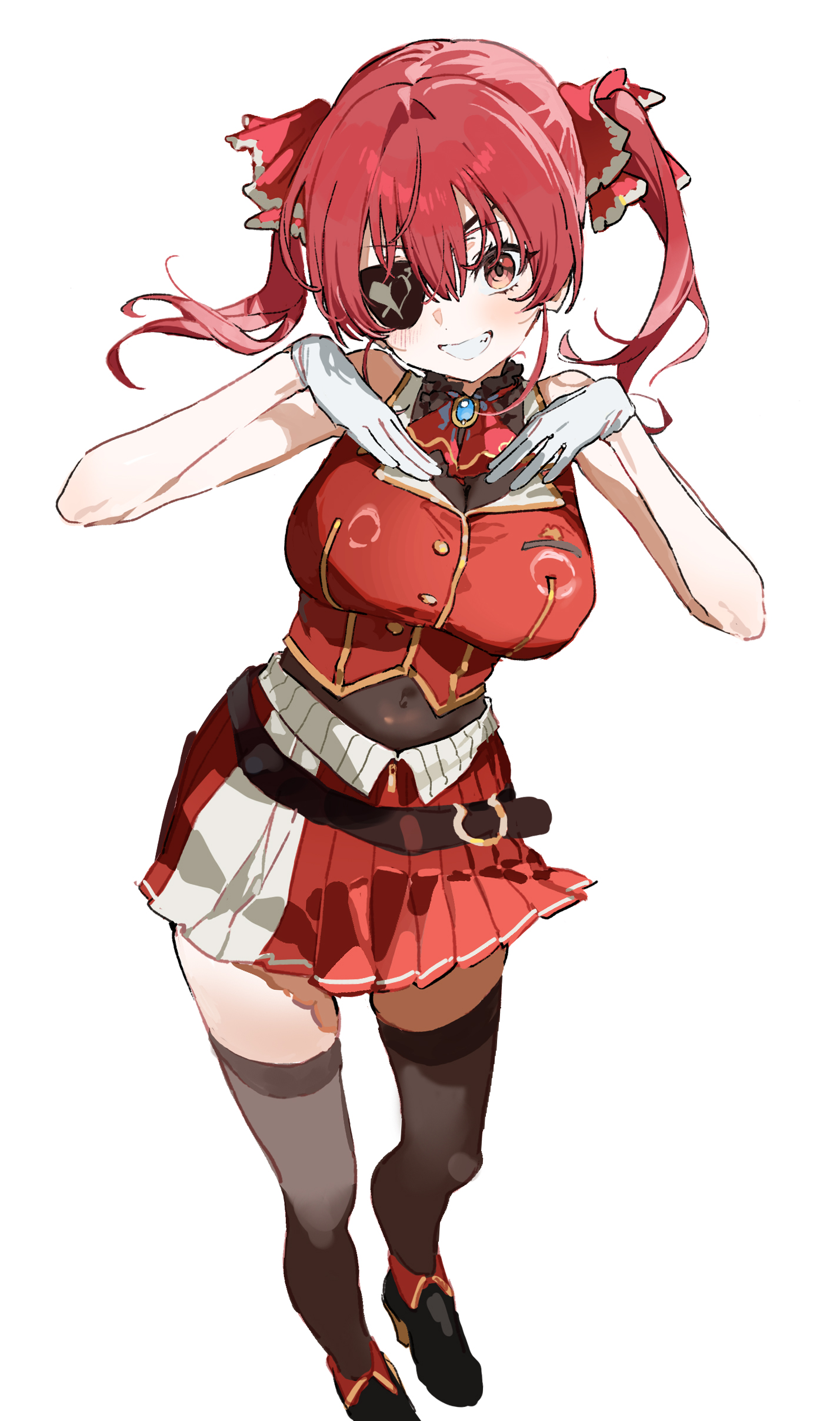 seeshin see, houshou marine, houshou marine (1st costume), hololive, absurdres, highres, 1girl, bare shoulders, belt, belt buckle, black choker, blush, boots, bow, bowtie, breasts, brown belt, brown boots, brown thighhighs, buckle, choker, cleavage, clenched teeth, covered navel, crop top, cropped vest, eyepatch, fold-over boots, frilled choker, frills, full body, gloves, hair between eyes, jewelry, lapel pin, lapels, large breasts, legs, leotard, leotard under clothes, long hair, looking at viewer, miniskirt, one eye covered, partially unzipped, pirate, pleated skirt, presenting, print bow, print bowtie, print eyepatch, red bow, red bowtie, red eyes, red hair, red shirt, red skirt, red vest, see-through cleavage, see-through clothes, see-through leotard, shiny skin, shirt, skindentation, skirt, smile, solo, standing, teeth, thighhighs, thighs, twintails, vest, virtual youtuber, white gloves, zettai ryouiki, zipper footwear