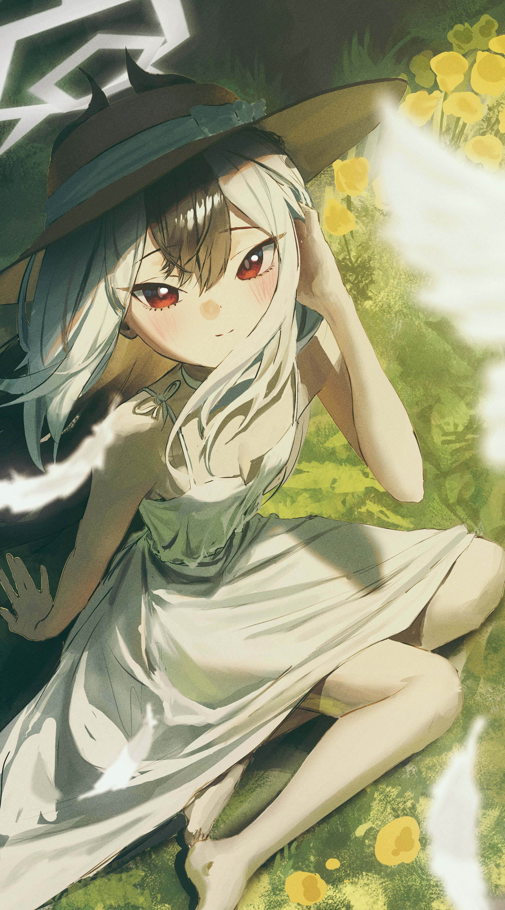 rifu002, kayoko (blue archive), blue archive, absurdres, highres, 1girl, alternate costume, bare shoulders, barefoot, bird, black hair, blush, breasts, cleavage, closed mouth, demon horns, dress, flower, from above, grass, hair between eyes, halo, hat, horns, long hair, looking at viewer, multicolored hair, on grass, outdoors, red eyes, sitting, sleeveless, sleeveless dress, small breasts, smile, solo, straw hat, sun hat, sundress, two-tone hair, white dress, white hair, yellow flower, yokozuwari