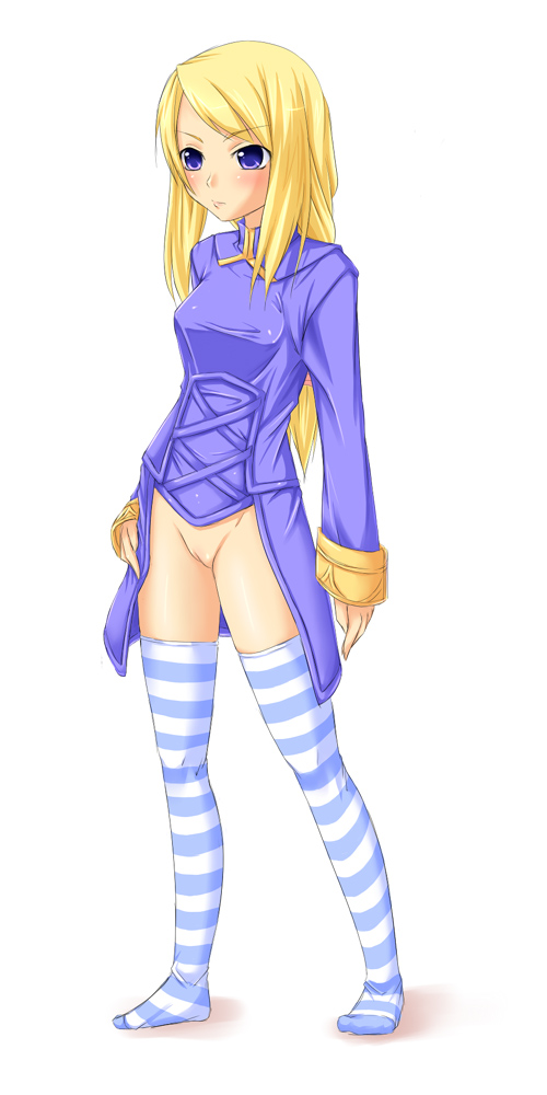 buresu, agrias oaks, final fantasy, final fantasy tactics, 1girl, blonde hair, blue eyes, bottomless, feet, female focus, full body, pussy, solo, striped clothes, striped thighhighs, thighhighs, uncensored