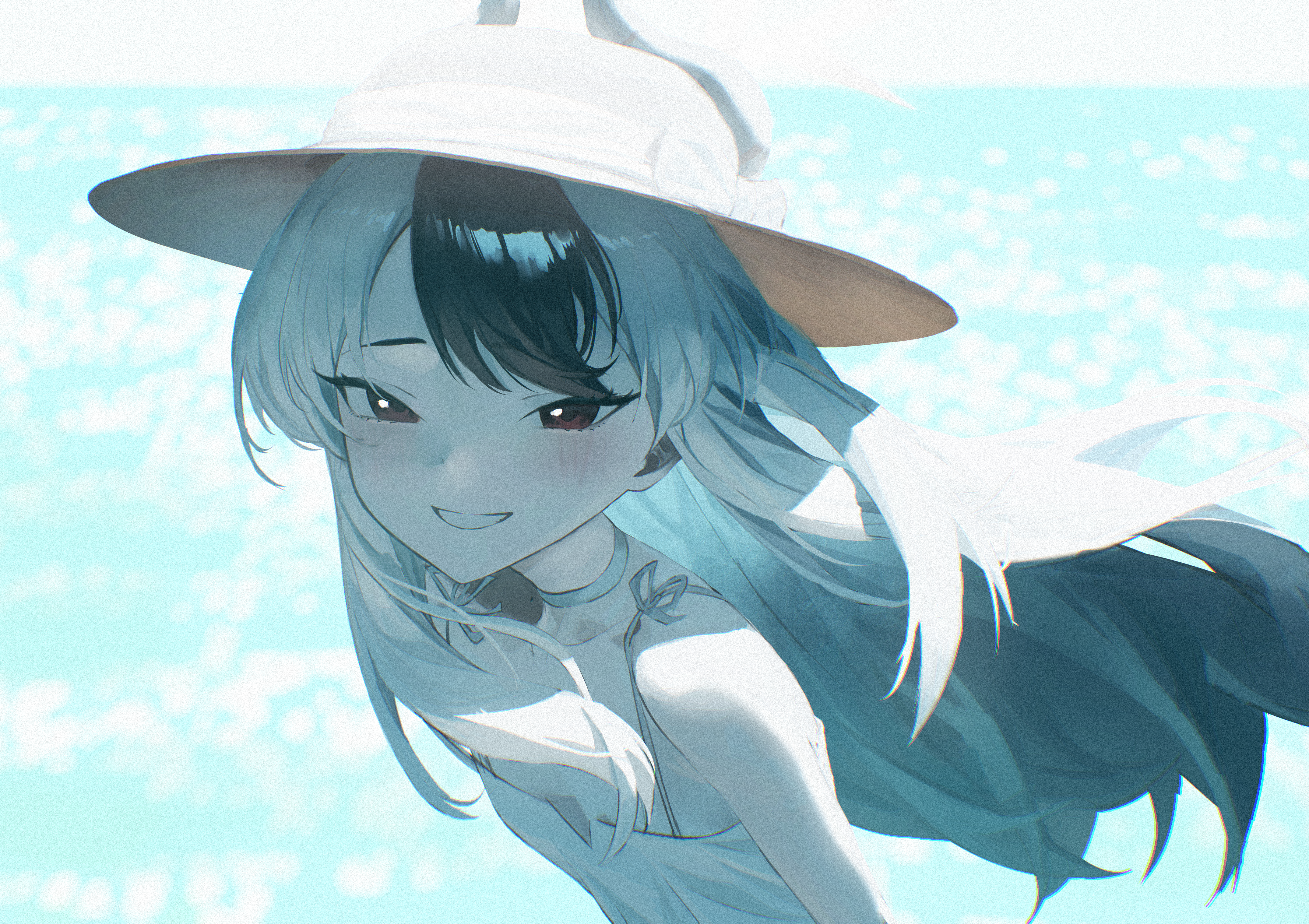 rifu002, kayoko (blue archive), blue archive, absurdres, highres, 1girl, alternate costume, bare shoulders, black hair, blush, breasts, choker, dress, grin, halo, hat, horns, long hair, looking at viewer, multicolored hair, red eyes, sleeveless, sleeveless dress, small breasts, smile, solo, sun hat, sundress, two-tone hair, upper body, white choker, white dress, white hair