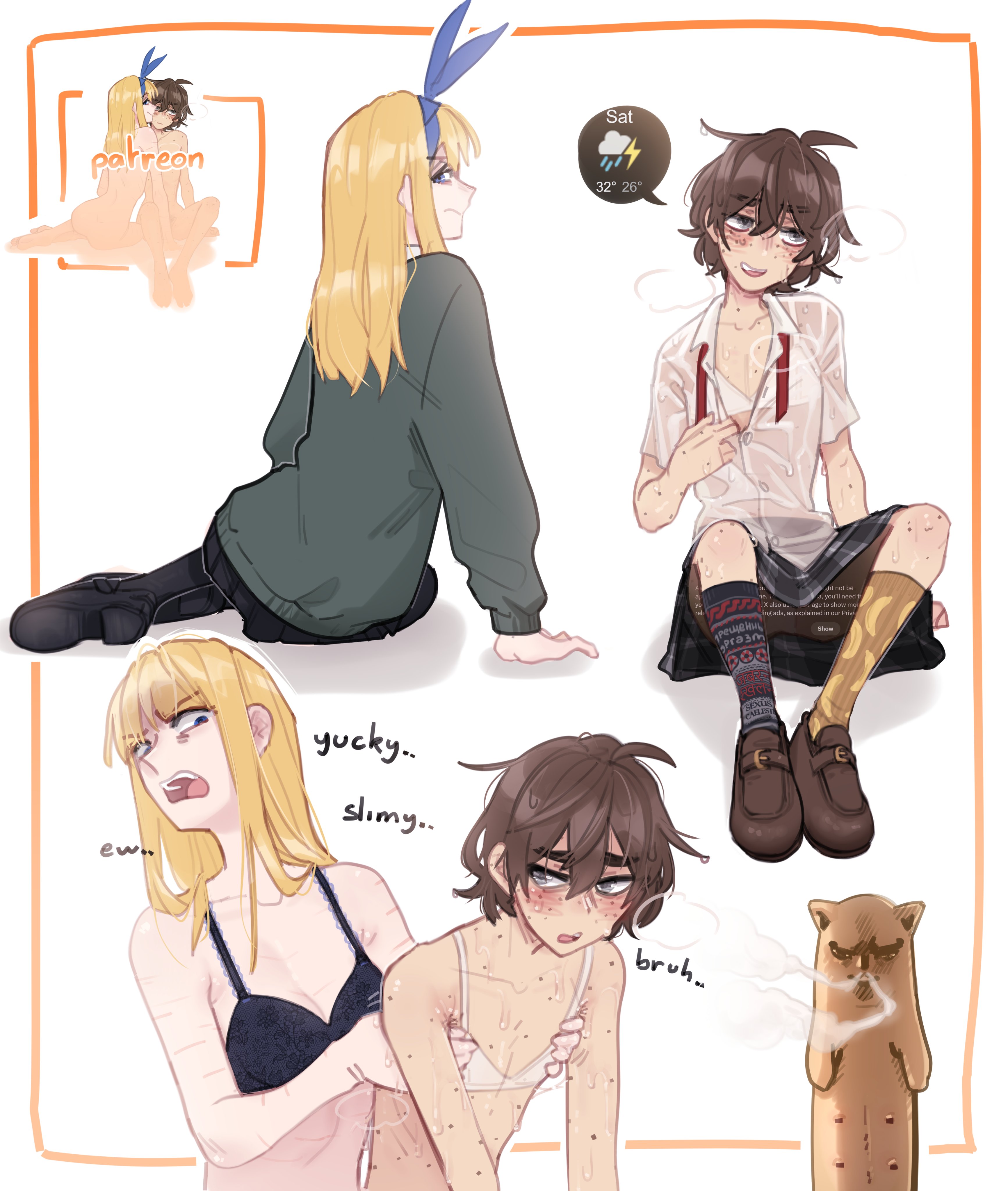 popopoka, cat baguette (popopoka), erika (popopoka), sophie (popopoka), original, absurdres, highres, 2girls, :d, bare shoulders, black bra, blonde hair, blue hairband, body freckles, bra, breasts, brown hair, cleavage, closed mouth, english text, freckles, green sweater, grey shirt, grey skirt, hairband, kneehighs, large breasts, long sleeves, multiple girls, open mouth, plaid clothes, plaid skirt, shirt, short hair, short sleeves, skirt, smile, socks, sweat, sweater, teeth, tongue, underwear, upper teeth only, white background