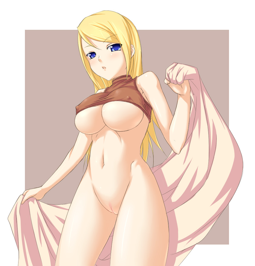 buresu, dancer (fft), final fantasy, final fantasy tactics, 1girl, blonde hair, blue eyes, bottomless, breasts, covered erect nipples, dancer, female focus, large breasts, pussy, shawl, solo, towel, uncensored, underboob