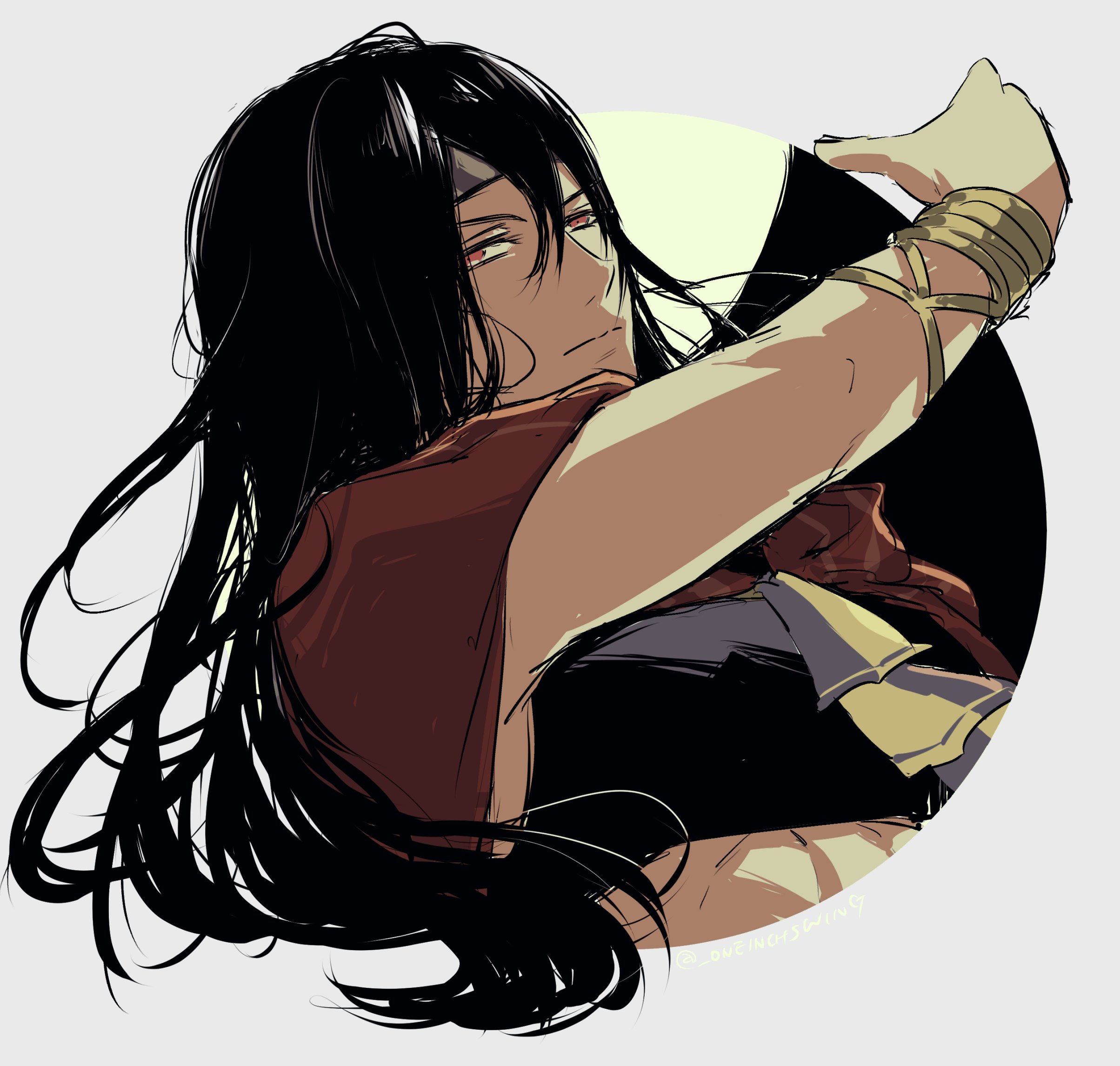 umi ( oneinchswing), seadall (fire emblem), fire emblem, fire emblem engage, nintendo, highres, 1boy, black hair, crop top, dancer, hair between eyes, headband, long hair, looking at viewer, male focus, red eyes, solo