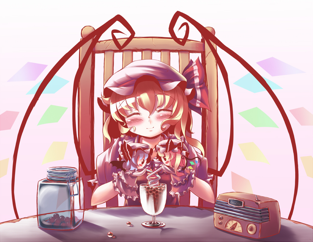 takahero, flandre scarlet, remilia scarlet, touhou, 1girl, doll, female focus, gradient background, hat, mob cap, radio, solo, upper body, wings