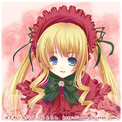 15citron, shinku, rozen maiden, lowres, 00s, 1girl, blonde hair, blue eyes, bonnet, bow, capelet, dress, drill hair, lolita fashion, open mouth, red dress, ribbon, smile, twintails