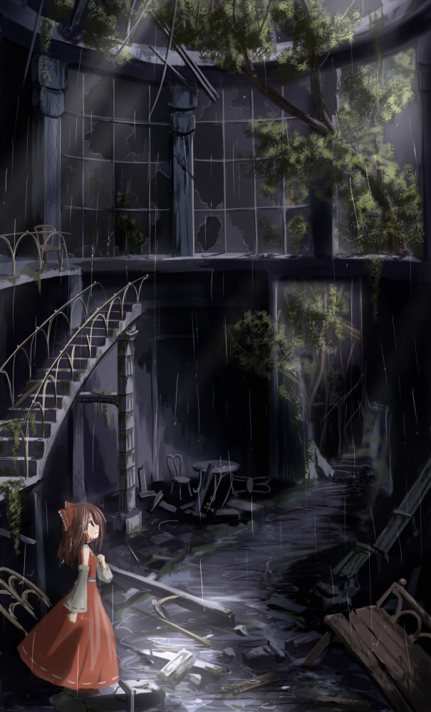 mashayuki, hakurei reimu, touhou, 1girl, bench, brown eyes, brown hair, chair, detached sleeves, female focus, hair ribbon, hair tubes, indoors, long hair, overgrown, rain, ribbon, ruins, scenery, solo, stairs, table, tree
