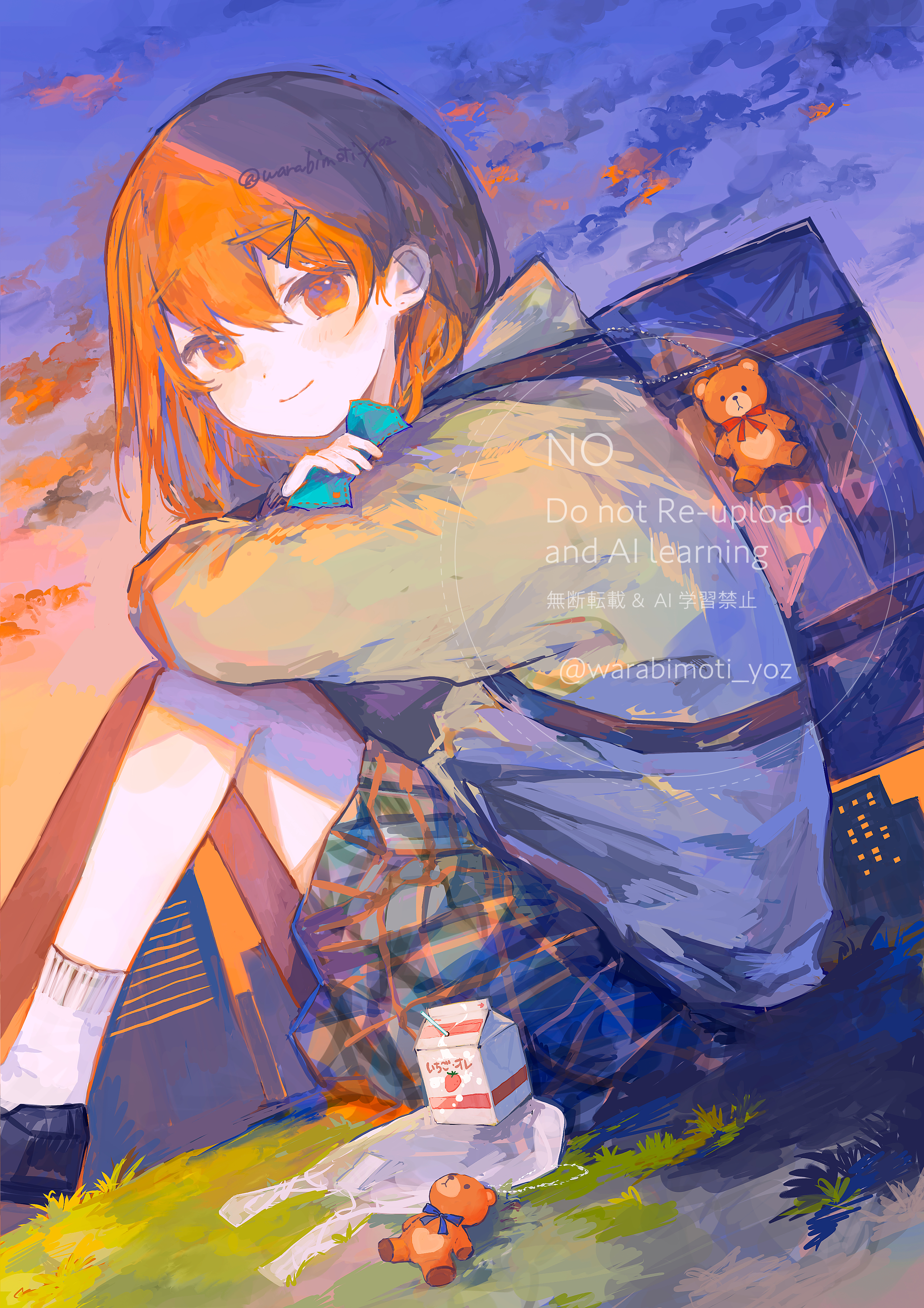 irodori warabi, original, absurdres, commentary request, highres, 1girl, backpack, bag, black shoes, blue skirt, blush, closed mouth, cloud, evening, feet out of frame, hair between eyes, hair ornament, juice box, long sleeves, looking at viewer, orange eyes, orange hair, outdoors, plaid clothes, plaid skirt, pleated skirt, school bag, school uniform, shirt, shoes, short hair, sitting, skirt, sky, smile, socks, solo, sunset, twitter username, watermark, white shirt, white socks, x hair ornament