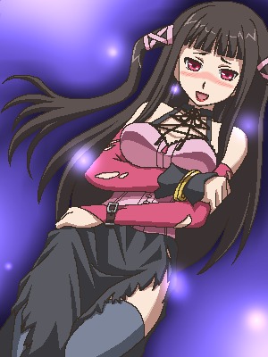 awa, toujou ruby, rosario+vampire, lowres, 00s, 1girl, black hair, blush, detached sleeves, female focus, jaggy lines, lipstick, long hair, makeup, oekaki, red eyes, solo, thighhighs, torn clothes