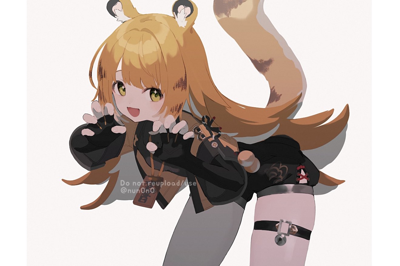 ju fufu, zenless zone zero, 1girl, :d, animal ear fluff, animal ears, bell, black gloves, black shirt, brown hair, claw pose, fang, fingerless gloves, gloves, green eyes, jacket, long hair, looking at viewer, nun0n0, open mouth, orange hair, shirt, shorts, simple background, smile, solo, tail, thigh strap, tiger ears, tiger girl, tiger tail, twitter username, very long hair, white background, yellow eyes