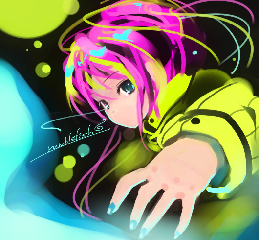 refeia, rumblefish, original, uniform, 1girl, black background, blue nails, female focus, green eyes, long sleeves, looking at viewer, magic, nail polish, pink hair, short hair, simple background, solo, text focus, upper body