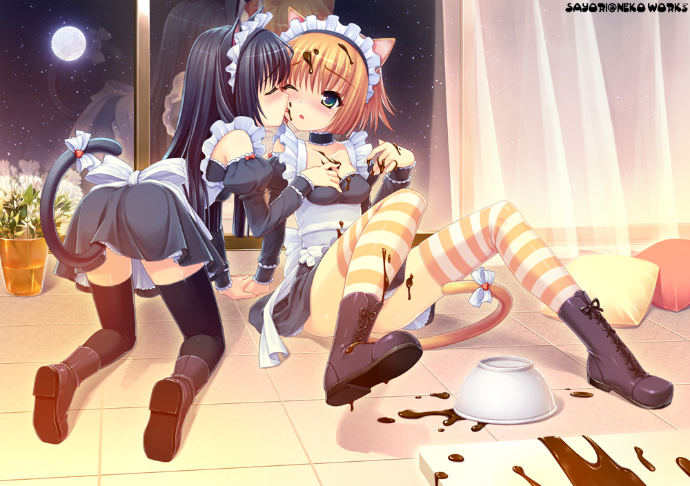sayori (neko works), original, striped legwear, bad id, bad pixiv id, 2girls, animal ears, armlet, bare shoulders, boots, cat ears, cat tail, chocolate, choker, food, food on face, frills, full moon, holding hands, jewelry, licking, maid, maid headdress, moon, multiple girls, night, one eye closed, petticoat, reflection, ribbon, star (sky), striped clothes, striped thighhighs, tail, tail ornament, tail ribbon, thighhighs, window, wink, yuri, zettai ryouiki