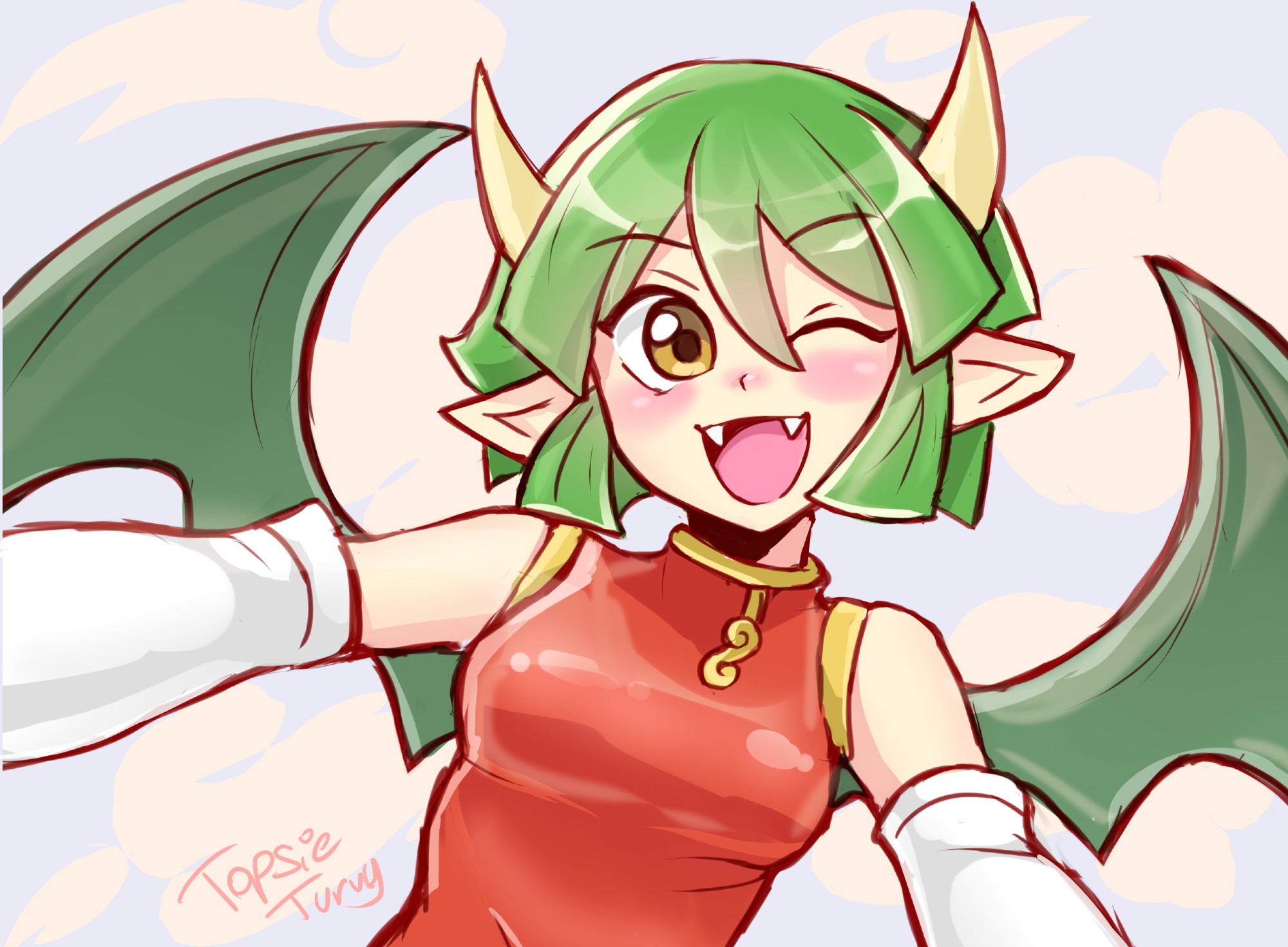 topsieturvy, draco centauros, puyopuyo, commentary, english commentary, highres, 1girl, blue background, blush, breasts, brown eyes, check background, china dress, chinese clothes, double-parted bangs, dragon girl, dragon horns, dragon wings, dress, elbow gloves, fangs, gloves, gold trim, green hair, hair between eyes, hands out of frame, horns, looking at viewer, medium breasts, one eye closed, open mouth, pointy ears, red dress, short hair, signature, sleeveless, sleeveless dress, smile, solo, sunburst, sunburst background, upper body, white gloves, wings, yellow background