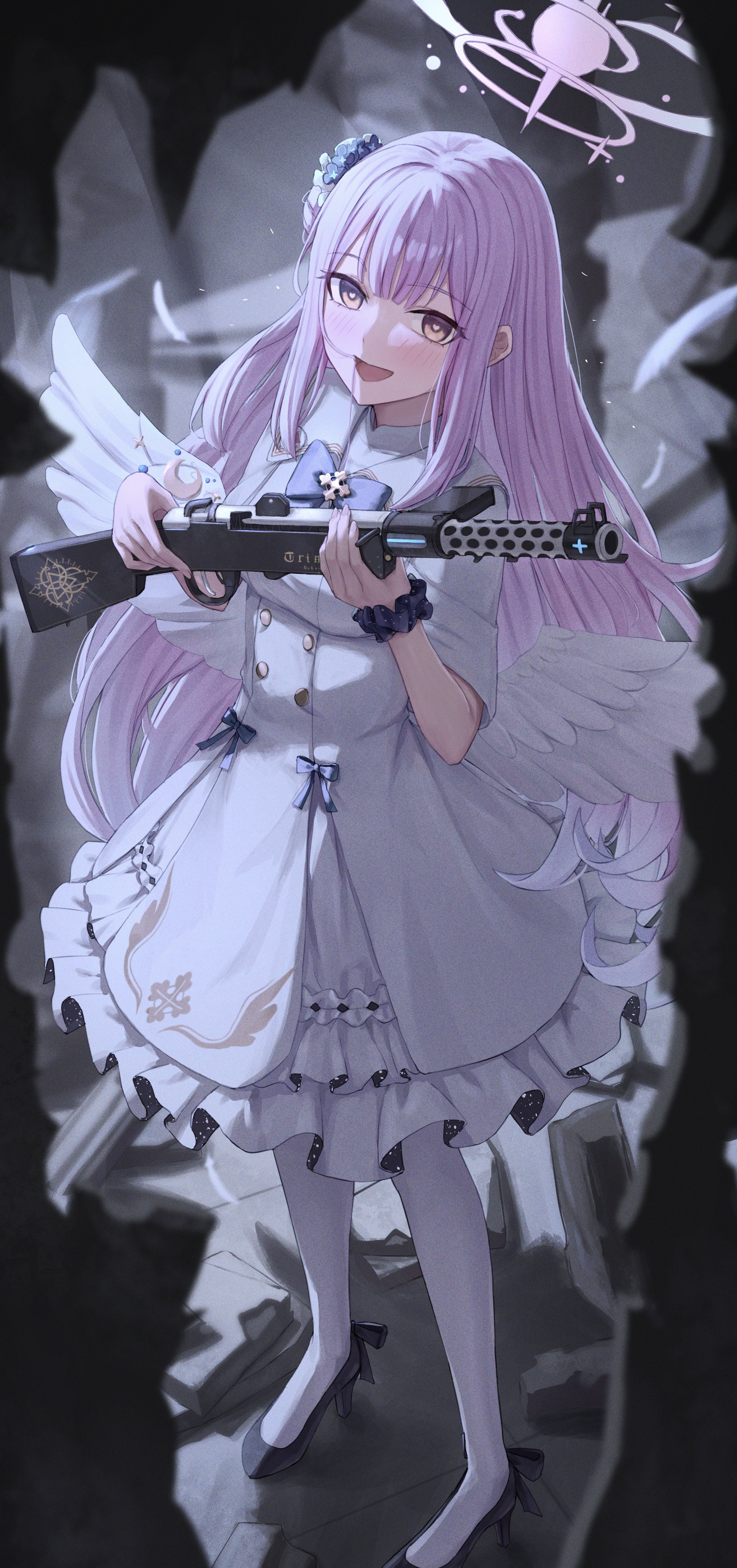 huran tea, mika (blue archive), blue archive, absurdres, commentary request, highres, 1girl, angel wings, blush, breasts, dress, feathered wings, gun, hair bun, halo, holding, holding gun, holding weapon, long hair, long sidelocks, looking at viewer, low wings, pantyhose, pink hair, pink halo, scrunchie, sidelocks, single side bun, smile, solo, very long hair, weapon, white dress, white pantyhose, white wings, wings, wrist scrunchie, yellow eyes