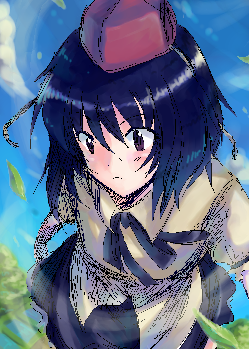 onimaru gonpei, shameimaru aya, touhou, looking away, 1girl, expressionless, female focus, hat, oekaki, red hat, solo
