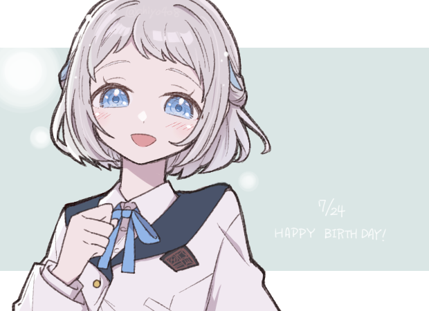 chiyo408, katsuragi lilja, gakuen idolmaster, idolmaster, commentary request, 1girl, blue eyes, blue ribbon, buttons, collared shirt, dated, english text, hand on own chest, happy birthday, hatsuboshi gakuen school uniform, jacket, long sleeves, looking at viewer, neck ribbon, open mouth, ribbon, school uniform, shirt, short hair, smile, solo, tareme, upper body, white hair, white jacket