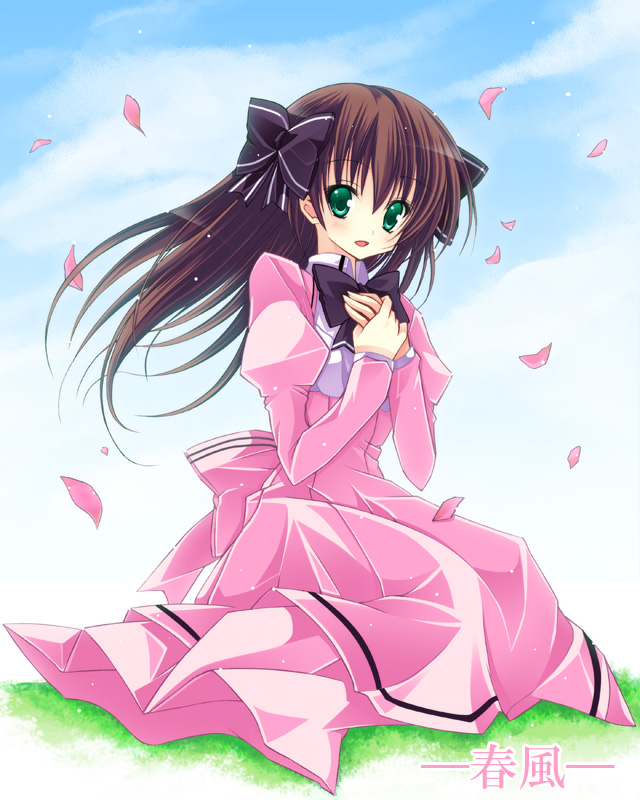 kannon ouji, amatsuka haruka, baby princess, 10s, 1girl, :o, blue sky, brown hair, cloud, day, dress, female focus, green eyes, long sleeves, looking at viewer, outdoors, parted lips, petals, pink dress, sky, solo, wind