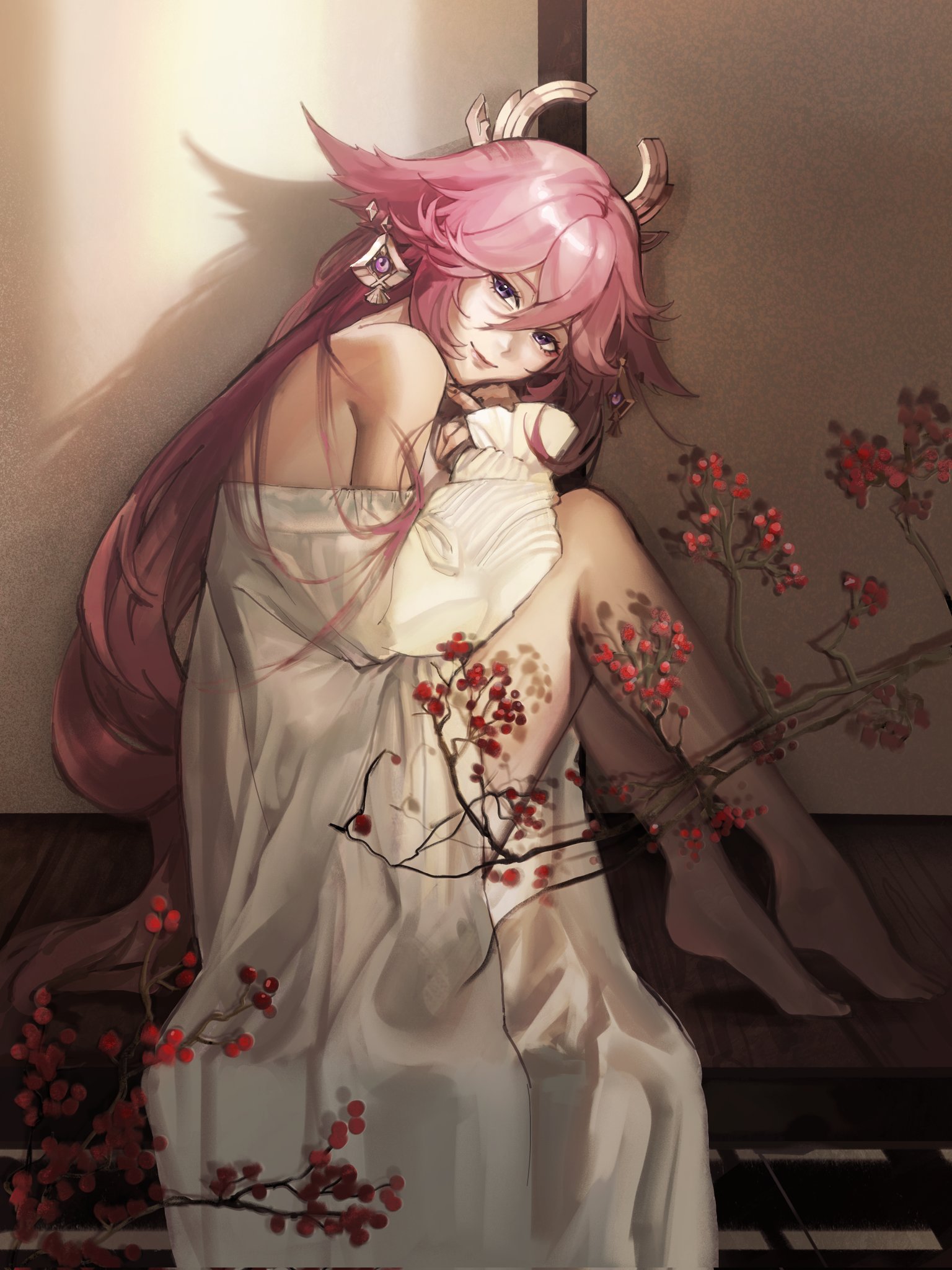 lankie, yae miko, genshin impact, commentary, corrupted twitter file, highres, 1girl, animal ears, art study, barefoot, dress, earrings, fox ears, fox girl, full body, hair between eyes, indoors, jewelry, long hair, long sleeves, looking at viewer, off-shoulder dress, off shoulder, pink hair, purple eyes, sitting, smile, solo, white dress