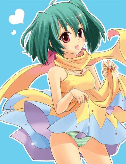 otabe sakura, ranka lee, macross, macross frontier, 00s, 1girl, :d, blue background, clothes lift, cowboy shot, dress, dress lift, green hair, heart, looking at viewer, nail polish, open mouth, outline, panties, pink nails, red eyes, scarf, short hair, smile, striped clothes, striped panties, twintails, underwear, yellow scarf