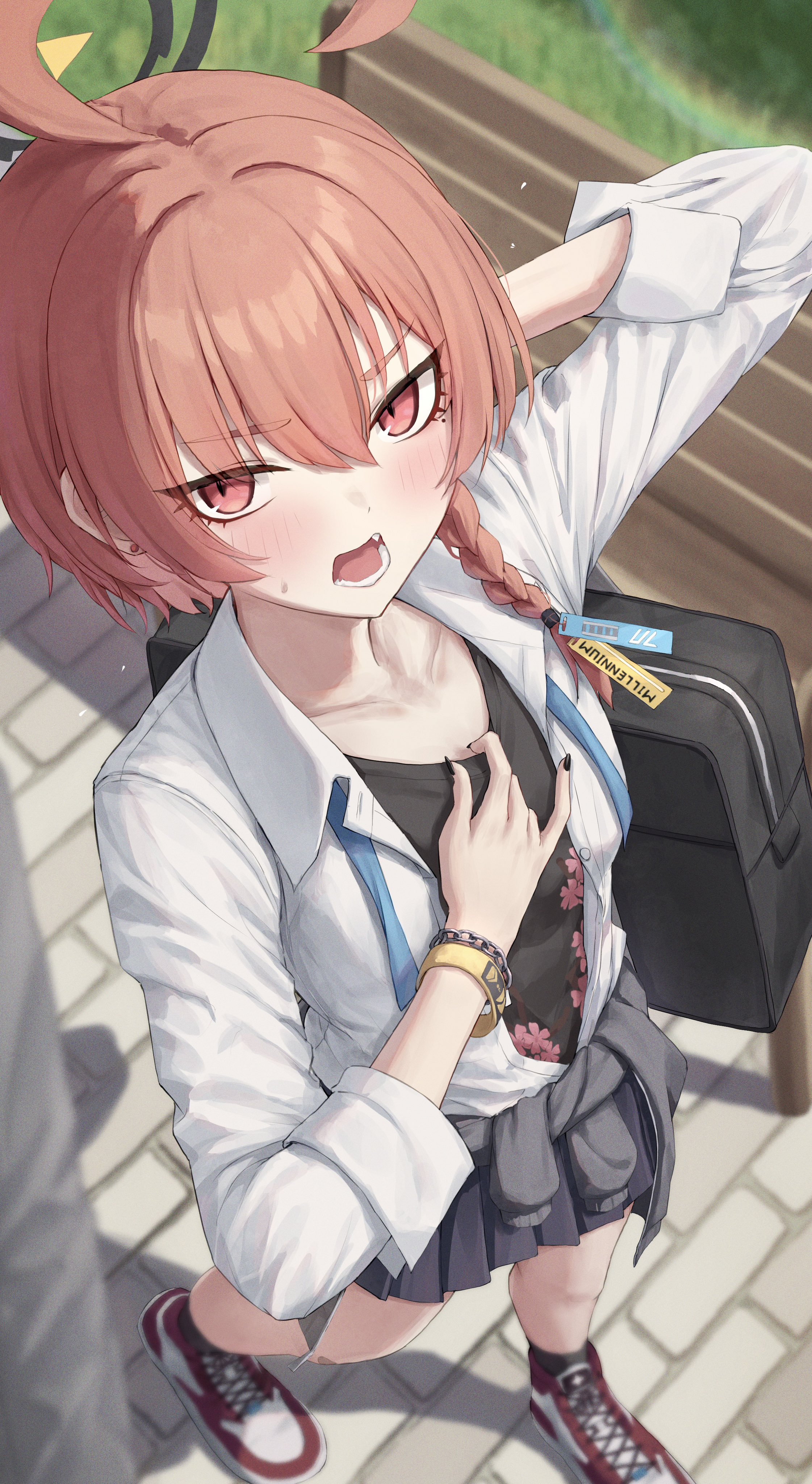 huran tea, neru (blue archive), blue archive, absurdres, commentary request, highres, 1girl, ahoge, bag, black nails, black shirt, black skirt, blush, braid, breasts, clothes around waist, collarbone, collared shirt, from above, hand on own chest, jacket, jacket around waist, long hair, looking at viewer, nail polish, open clothes, open mouth, open shirt, orange hair, pleated skirt, red eyes, school bag, shirt, shoes, shoulder bag, single braid, skirt, small breasts, sneakers, solo, sweatdrop, white shirt, wristband